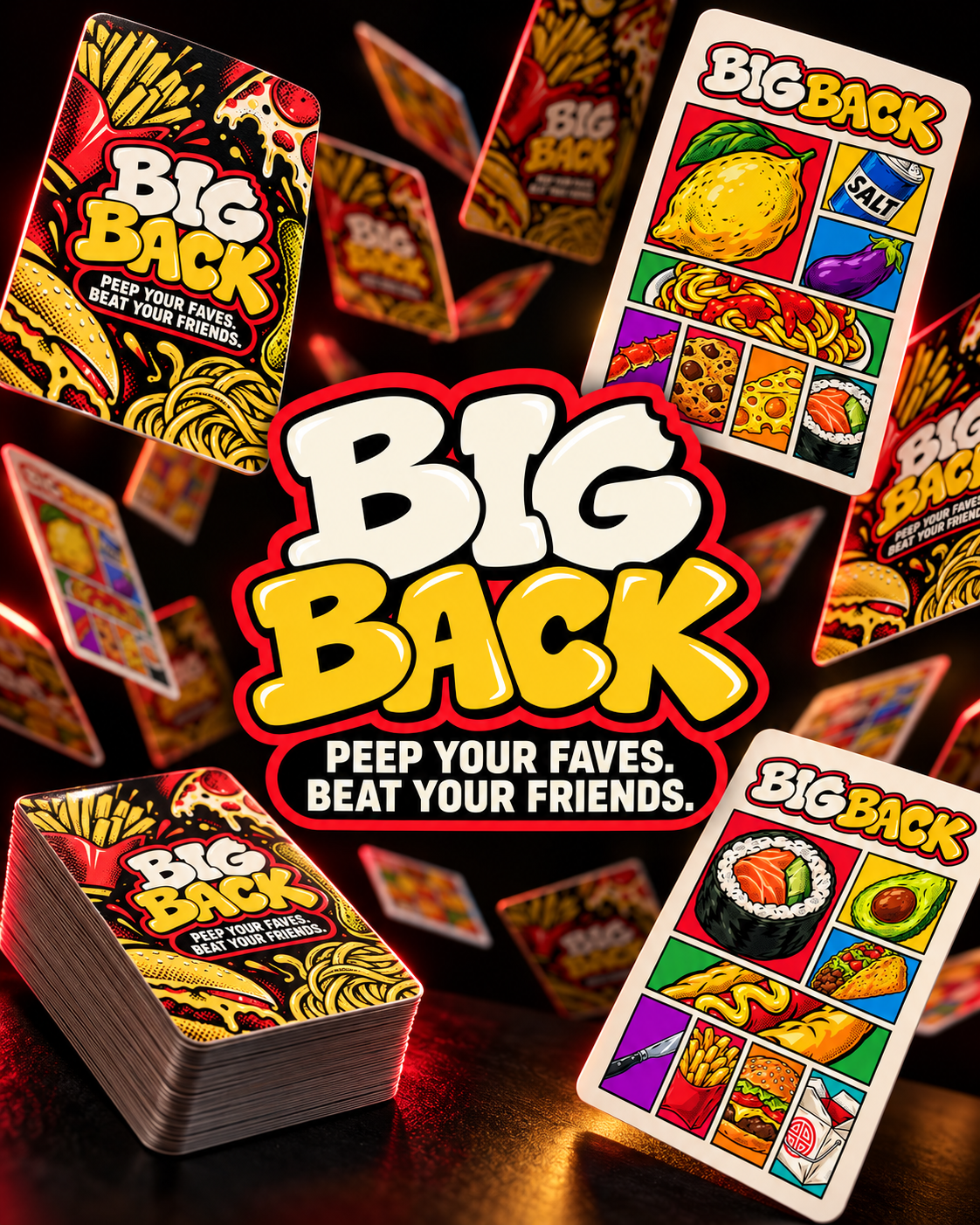 BIGBACK food matching cards with the tagline Peep your faves. Beat your friends.