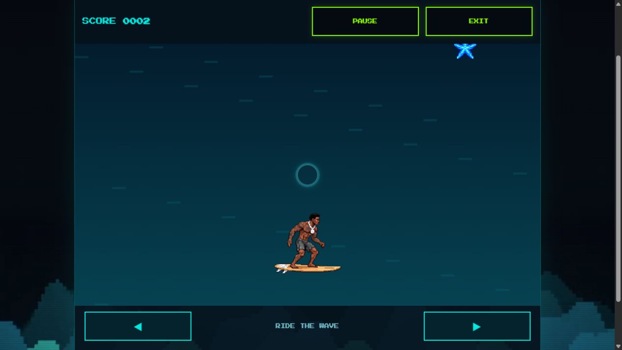 Tsunami Wrld gameplay showing the surfer, blue starfish, score, and steering controls
